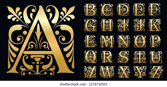 Set von eleganter goldener Schrift. Goldene Schriftart im mittelalterlichen Stil für Logo, Poster, Einladung. Vektorgrafik