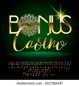 Set of Elegant Golden Alphabet with shiny beautiful Decor. Label Bonus Casino. Set of chic Letters, Numbers and Symbols