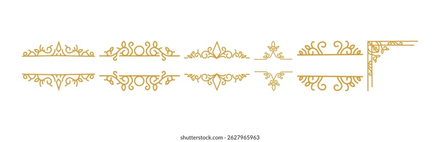 Um conjunto de elegantes molduras decorativas douradas e cantos. Perfeito para convites de casamento, certificados, ou qualquer design que requer um toque de vintage toque.