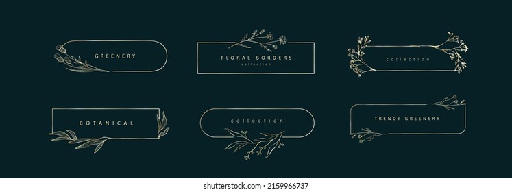 Set of elegant golden floral frames labels and banners in various forms. Hand drawn line wedding herb, elegant leaves for invitation save the date card. Botanical rustic trendy vector