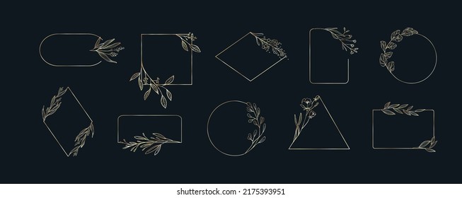 Set of elegant golden floral frames labels and banners in various forms. Hand drawn line wedding herb, elegant leaves for invitation save the date card. Botanical rustic trendy vector