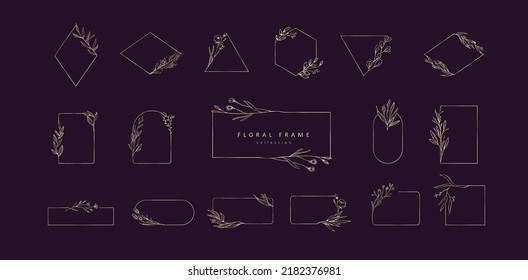 Set of elegant golden floral frames labels and banners in various forms. Hand drawn line wedding herb, elegant leaves for invitation save the date card. Botanical rustic trendy vector