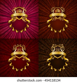 Set of elegant golden frame with floral element, royal ornament, gold crown, shield, ribbons, place for text on red drapery fabric. Luxury ornate background in vintage style. Vector illustration EPS10