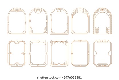 Conjunto de elegante colección de marcos geométricos dorados con Elementos celestes sobre un fondo blanco. Bordes de oro de lujo para la invitación de boda. Línea fina ovalada y rectangular. Ilustración vectorial