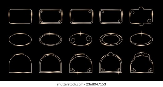 Conjunto de elegantes marcos de cuadros de lujo dorados, bordes, ventanas arquitectónicas, arcos decorativos.