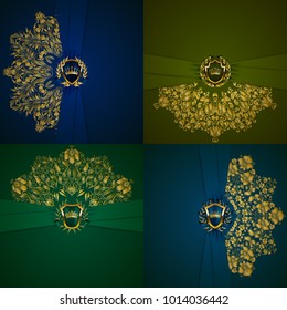 Set of elegant golden shields with gold crown, filigree decor on ornate lace background. Luxury floral pattern, blazon in vintage style for page design, web site, vip invitation. Vector illustration