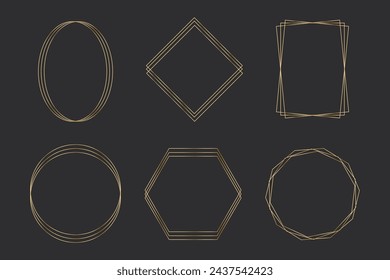 Setzen Sie elegante goldene dünne Linie Rahmen verschiedene Formen auf dem dunklen Hintergrund. Perfektes Rahmendesign für Schlagzeilen, Textdekor und Verkaufsbanner. Vektor