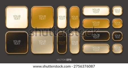 Set of elegant golden web buttons and frames. Glossy UI elements with golden borders and various shades. Perfect for modern design projects, user interface, or premium banners. Vector illustration