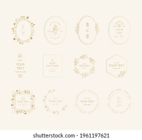 Set of elegant golden wedding frames. Fancy vintage borders. Vector isolated illustration.