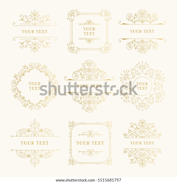 Set of elegant golden wedding\
frames. Fancy vintage borders. Vector isolated\
illustration.