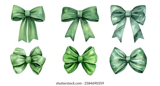 Set elegant green bows, perfect for gift wrapping, crafts, and festive decorations. Each bow features unique designs and shades, adding a touch of sophistication and charm to any project.