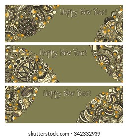 Set of Elegant Green Christmas and Happy New Year  banners with doodle balls. Vector illustration