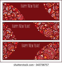 Set of Elegant Green Christmas and Happy New Year  banners with doodle balls. Vector illustration