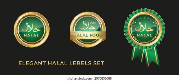 Set Of Elegant Green Halal Food Products Labels, Badges And Logo Design. Gold And Green Vector Isolated Elegant Premium Halal Sign Certificate Tag.