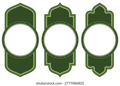 Set of Elegant Green Islamic Borders and Frames with Traditional Arch Shapes and Intricate Geometric Patterns Vector Illustration and Circular Copy Space for Ramadan Kareem Greeting Card Design