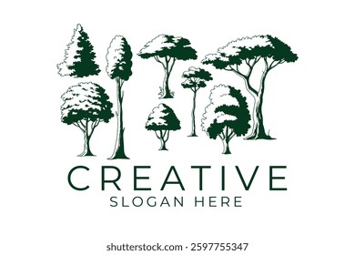 Set of elegant green tree silhouettes perfect for nature themed designs. Use for logos, cards, or