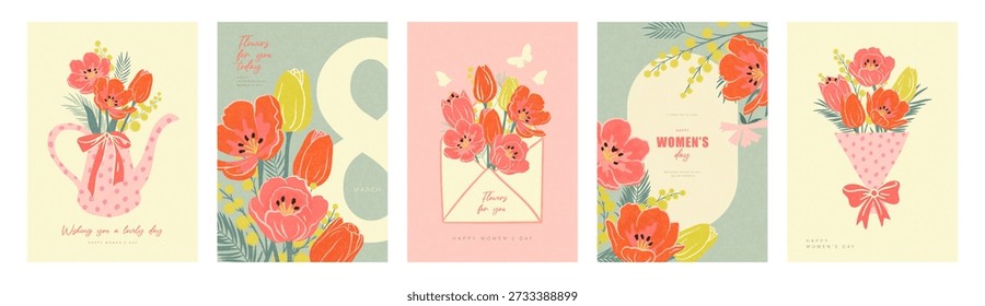 Conjunto de elegantes diseños de tarjetas de felicitación para el Día Internacional de la Mujer en un estilo moderno con una textura granulada, con Imágenes de una regadera con flores, un sobre, un ramo con un lazo y mariposas. Ilustración vectorial.