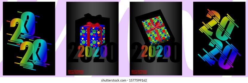 Set of elegant greeting cards or brochures merry Christmas and New year 2020. Gradient with a picture of a gift box with a ribbon. Rainbow color. Vector image.
