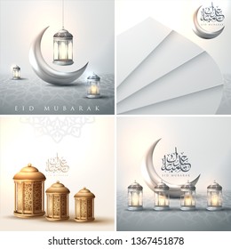 Set of elegant greeting cards decorated with golden floral design and crescent moon for famous Islamic festival, Eid Mubarak celebration