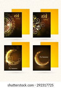 Eine Reihe von eleganten Grußkarten, die mit goldenem Blumendesign dekoriert sind, und der Halbmond für das berühmte islamische Festival, Eid Mubarak Feier.