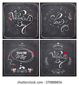 Set of elegant greeting cards with different typographic collection in chalkboard style for Happy Valentine's Day celebration.