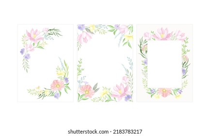 Set bestehend aus eleganten Gruß- oder Einladungskarten-Vorlagen mit schönen pastellfarbenen Wildblumen und Platz für Text-Vektorgrafik