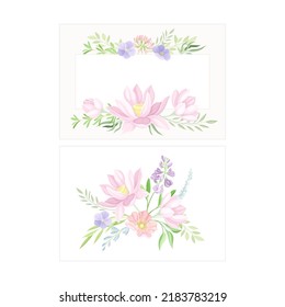 Conjunto de elegantes plantillas de tarjetas de felicitación o invitación con delicada ilustración vectorial de flores pastel