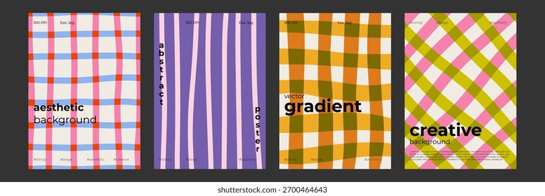 Set of Elegant hand drawn coquette backgrounds with wavy stroke and gingham stripes. Whimsical vintage design in red and green tones  perfect for invitations, cards, and holiday 