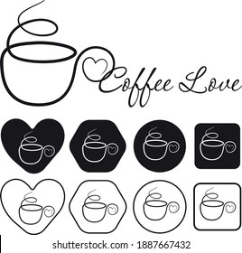 Set of Elegant hand drawn Cup of coffee with heart. Line art vector illustration.