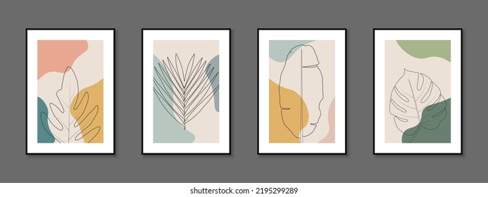 Set of elegant hand drawn nature covers, templates, placards, brochures, banners, flyers and etc. Color contour backgrounds, postcards, posters, invitation, tags. Fashion cards with drawing leaves