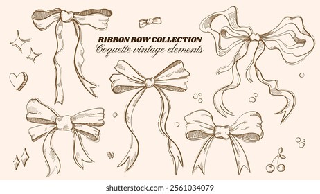 Set of elegant hand drawn ribbon bows and decorative elements, vintage sketchy style. Coquette bow knots for decoration. Romantic, feminine designs for wedding, valentine, birthday greeting card etc.