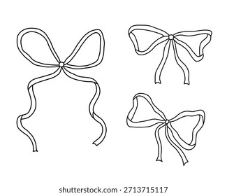 Set of elegant hand drawn ribbon bows, vintage sketchy style. Vector outline illustration for wedding, valentine, birthday greeting card etc.