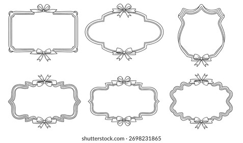 Conjunto de elegantes marcos decorativos dibujados a mano con lazos festivos, con una variedad de Formas ornamentadas de inspiración vintage ideales para etiquetas o tarjetas.