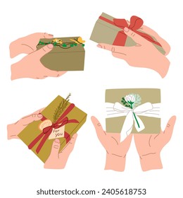 Set of elegant hands with modern gifts on holiday. Four pare of hands giving gifts. Birthday, Valentines, Christmas, anniversary concept compositions