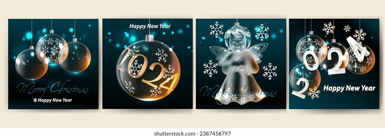 Juego de elegantes tarjetas de regalo de "Feliz Año Nuevo y Navidad" en un oscuro fondo con símbolos transparentes de Navidad

