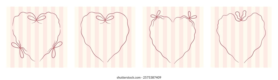 Set of elegant heart frame border with bow and ribbons. Love girlhood design. Hand drawn coquette aesthetic templates for Valentines day, wedding, social network, poster, cover, packaging, postcard