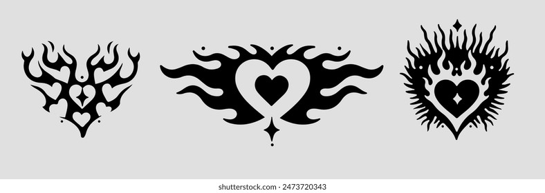 Set of elegant heart-shaped tattoos in the Y2K neo-tribal aesthetic.