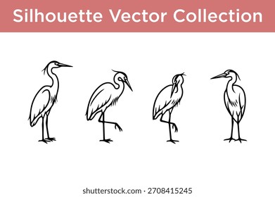 Conjunto de elegantes siluetas de aves garza y garceta en varias poses, perfectas para la naturaleza, la vida silvestre o proyectos de diseño.