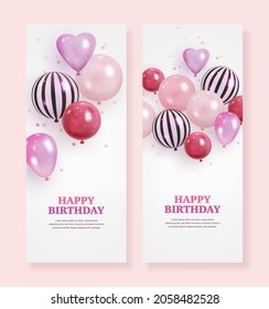 Set of elegant holiday greeting roll up banner with realistic balloons on light background. Vector illustration