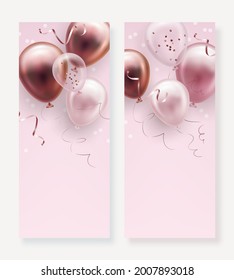 Set of elegant holiday greeting rollup with golden, pink and white balloons and falling confetti on pink background. Vector illustration