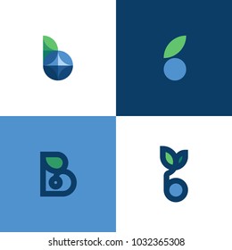 Conjunto de iconos elegantes o plantillas de logotipo de letra b y berry azul con hoja