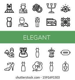 Set of elegant icons. Such as Dress, Waiter, Carpet, Tuxedo, Candle holder, Train, Floral design, High heels, Mr, P t, Fleur de lis , elegant icons