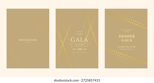 Conjunto de elegantes Plantillas de tarjetas de invitación para un evento de gala o cena. Presenta un diseño minimalista con patrones de puntos dorados. Incluye fecha para el 25 de diciembre de 2027.