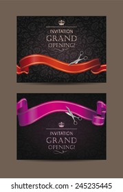 Set of elegant invitation grand opening cards with silk ribbons