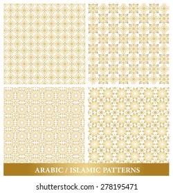 Set of Elegant Islamic or Arabic Seamless Patterns in Gold Color in Classic Style Elements for Decoration or Background. Vector Illustration.