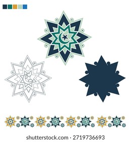 Un conjunto de elegantes Elementos de estrellas geométricas islámicas en varios estilos: contorno, sólido y detalle colorido. Incluye adornos de estrellas dispersas para un uso de diseño versátil.