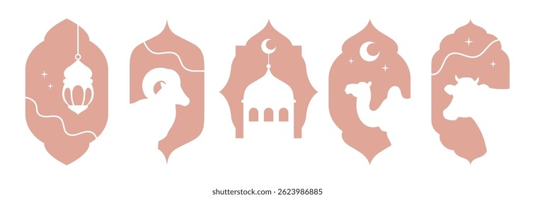 Set of elegant Islamic window shapes with Eid al-Adha symbols: lantern, ram, mosque, camel, and cow. Elegant design elements for greeting cards, design of advertising materials and more.