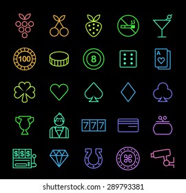 Set of Elegant Isolated Universal Minimal Thin Line Colored Neon Stroke Casino Icons with Color Gradient on Black Background.