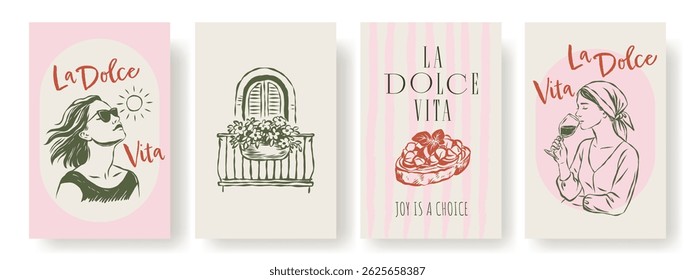 Set of elegant Italian-themed postcards with hand-drawn women, wine, sun, balcony, and Mediterranean elements. Minimal line art illustrations in pastel tones celebrating La Dolce Vita