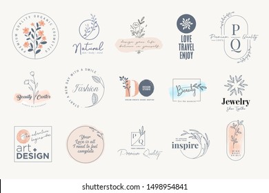 Set of elegant labels and badges for beauty, natural and organic products, cosmetics, spa and wellness, fashion, jewelry, art. Vector illustrations for graphic and web design, marketing material.